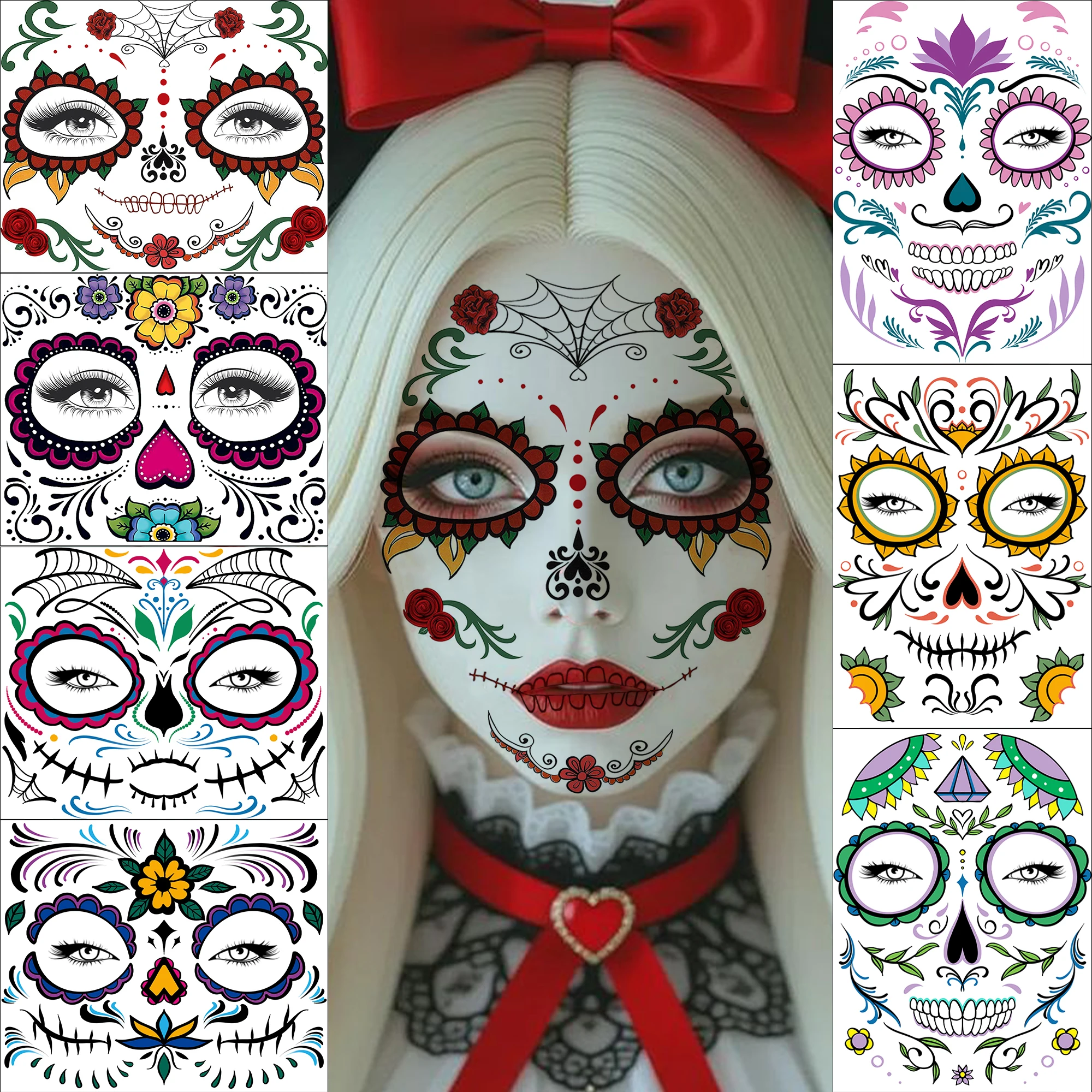 7 Sheets Day Of The Dead Colorful Floral Sugar Skull Face Temporary Tattoo Sticker Women Halloween, Durable Realistic Fake Tatoo