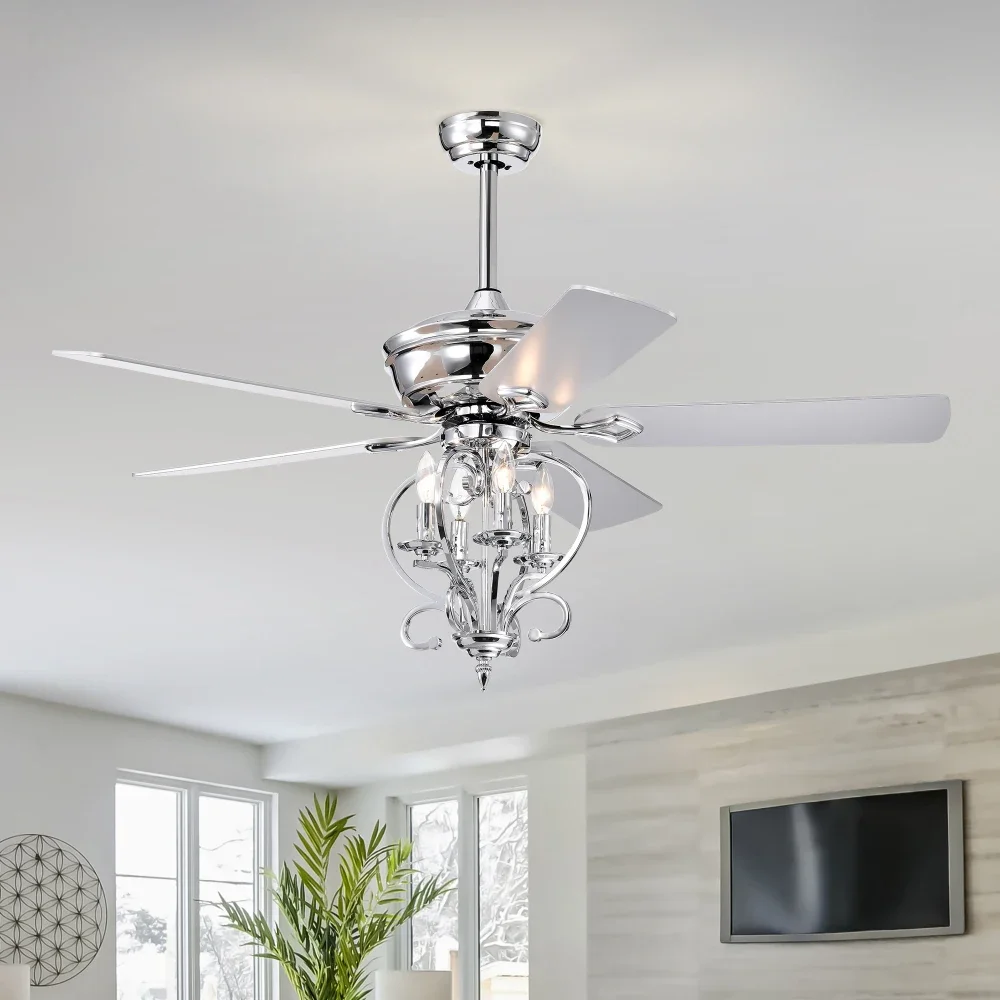 

52 Inch 4 Lights Ceiling Fan Two-color Fan Blade, AC Motor, Remote Control,Reversible Airflow,3-Speed,Adjustable Height