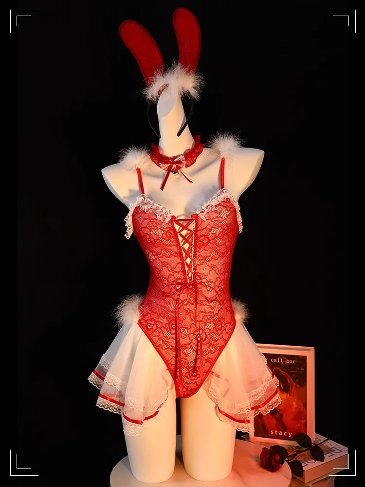 

Красное кружевное боди для косплея в стиле зайчика, сексуальное белье на бретельках, новинка осени 2025, ультратонкий полиэстер, милый дизайн