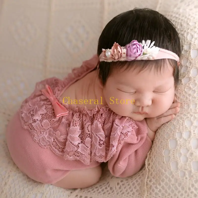 E7CE Newborn Photo Props Lace Jumpsuit Baby Photography Clothes Long Sleeved Backless Romper for Newborn Photoshooting Posing
