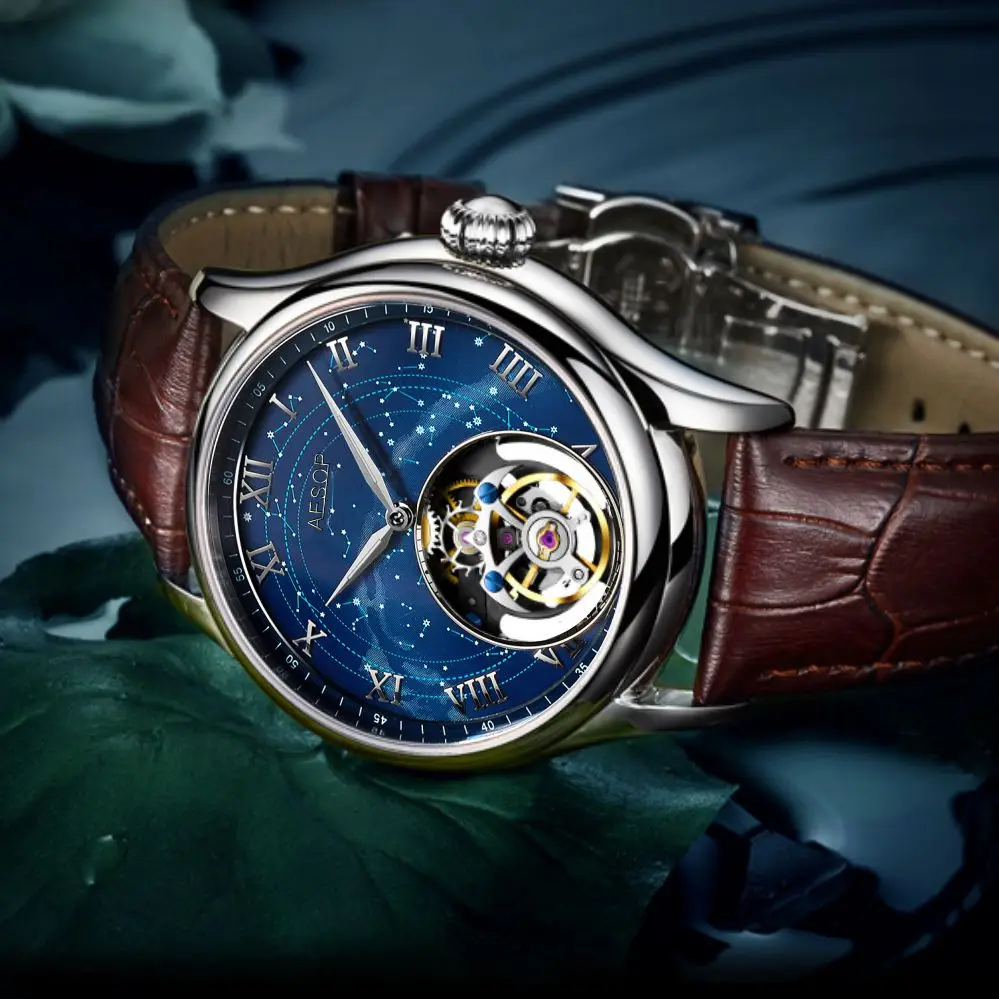 AESOP（automatic 7045G）Tourbillon Mechanical Watch Men 42mm Starry Sky Dial Sapphire Crystal Leather Strap 55H Power Reserve