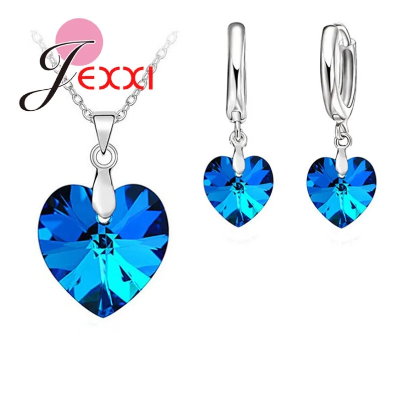 925 Sterling Silver Romantic Austrian Crystal Jewelry Heart Pendant Necklaces Lever Back Earrings Woman Accessories Gift