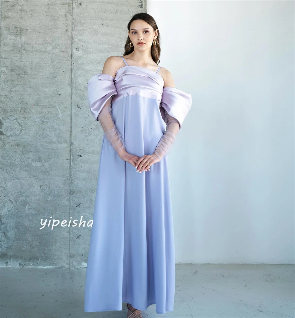 Ball Dress Saudi Arabia Evening Satin Draped Pleat Birthday A-line Spaghetti Strap Bespoke Occasion Gown Long Sleeve Dresses