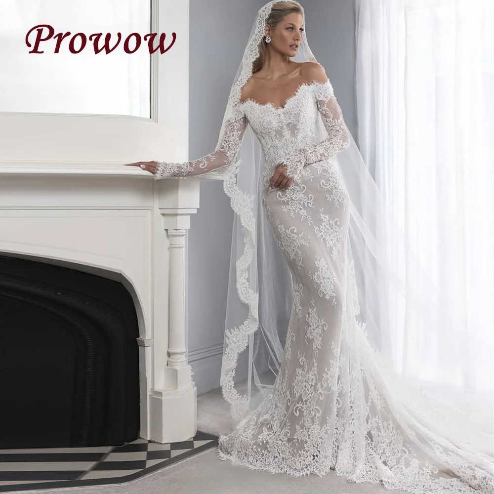 

Prowow Luxury Lace Mermaid Wedding Dresses Sweetheart Neck Off the Shoulder Bridal Gowns Full Sleeves Customized Sweep Train