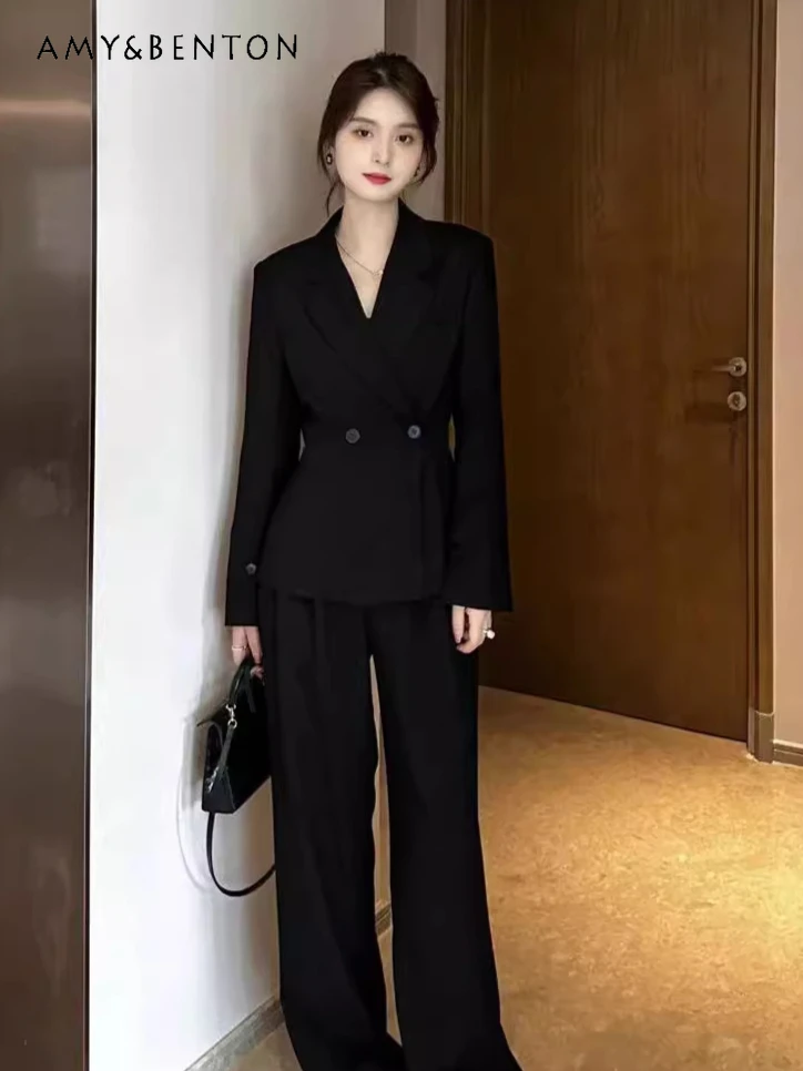 Spring and Autumn New OL Black Business Suit Women Professional Wear Temperament High-end Coat Wide Leg Pants Two-piece Set