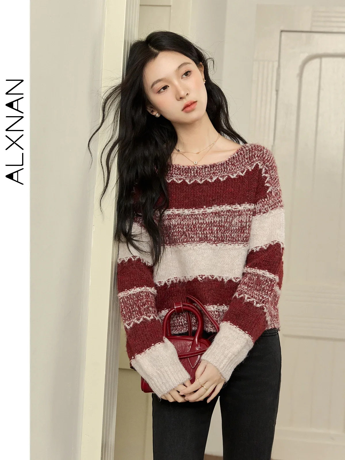 ALXNAN 여성용 스트라이프 스웨터 라운드 칼라 따뜻한 루즈핏 긴팔 풀오버 2025 가을 겨울 캐주얼 니트 탑 L50927