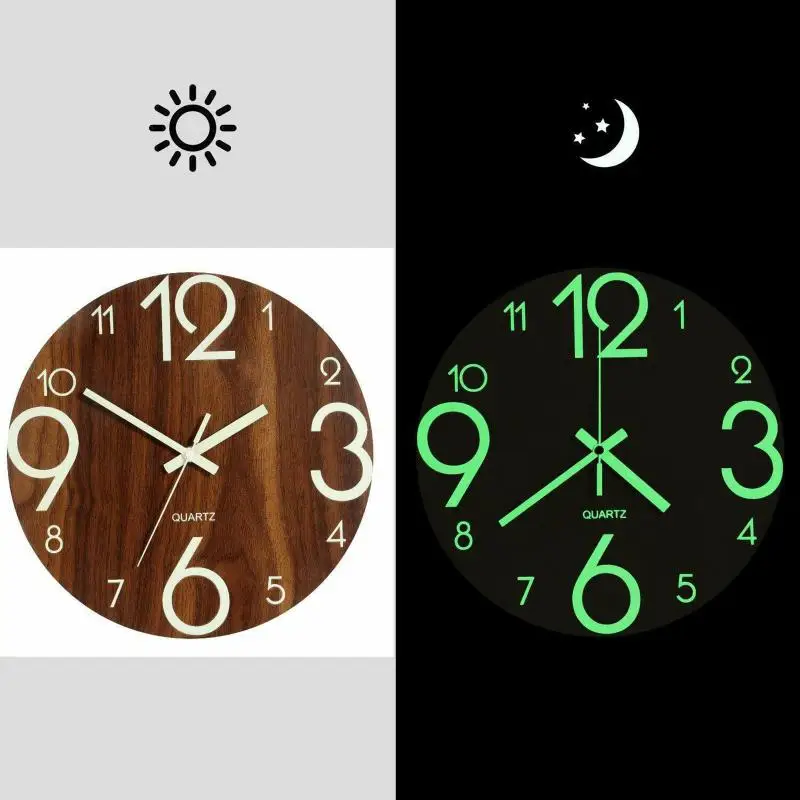 New 8/12 Inch Luminous Wall Clock Wood Silent Light In Dark Night Nordic Fashion Wall Clock Non Ticking Clock With Night Light