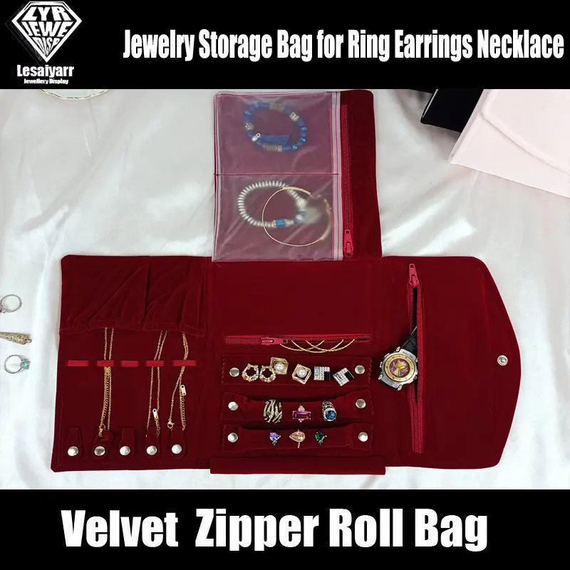 Travel Jewelry Organizer Roll Foldable Jewelry Roll Bag Small Jewelry Storage Bag for Rings Necklaces Bracelet Earrings Burgundy