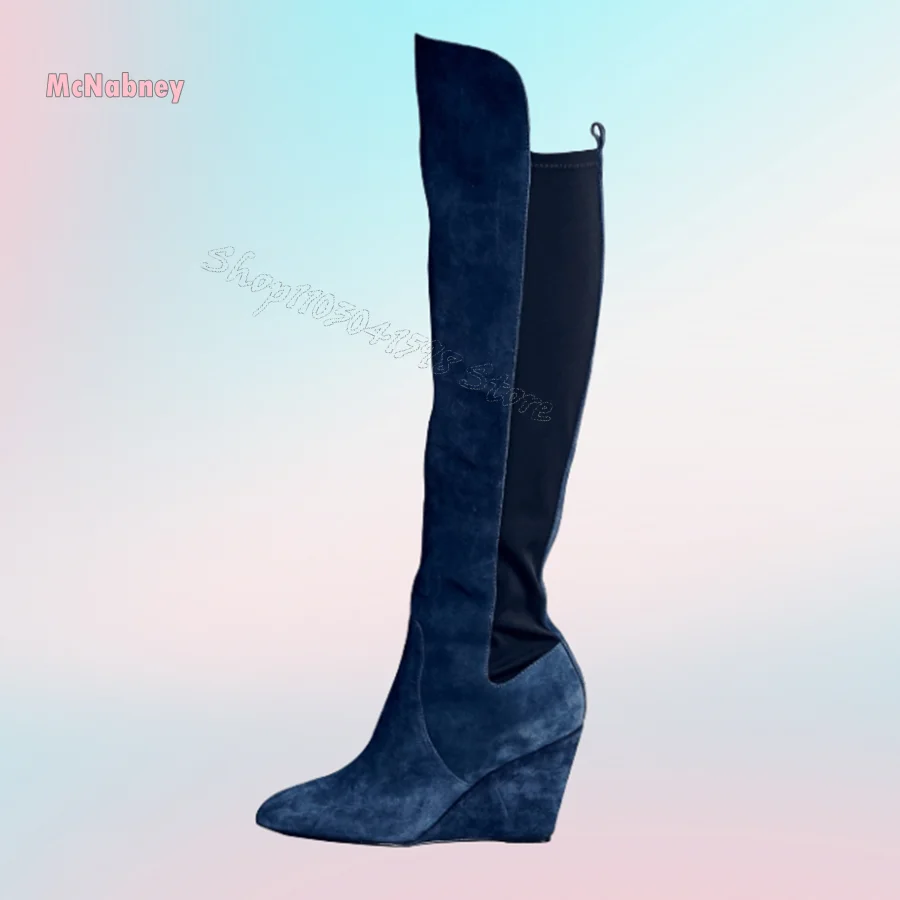 

Pointed Toe Suede High Heel Boots Fashion Wedge Knee High Boots Sexy Wedding Party Boots for Women 2024 New Zapatos Para Mujere