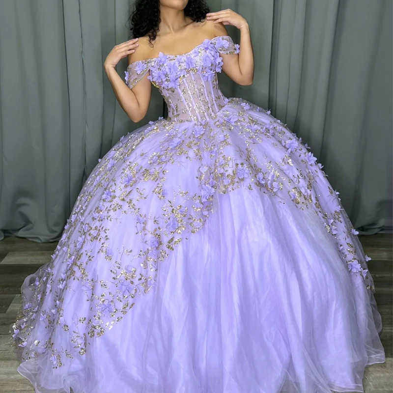 

Lilac Quinceanera Dress Off The Shoulder Beading Gold Appliques Sparkling Ball Gown Birthday Formal Party Gown Robes De Soirée