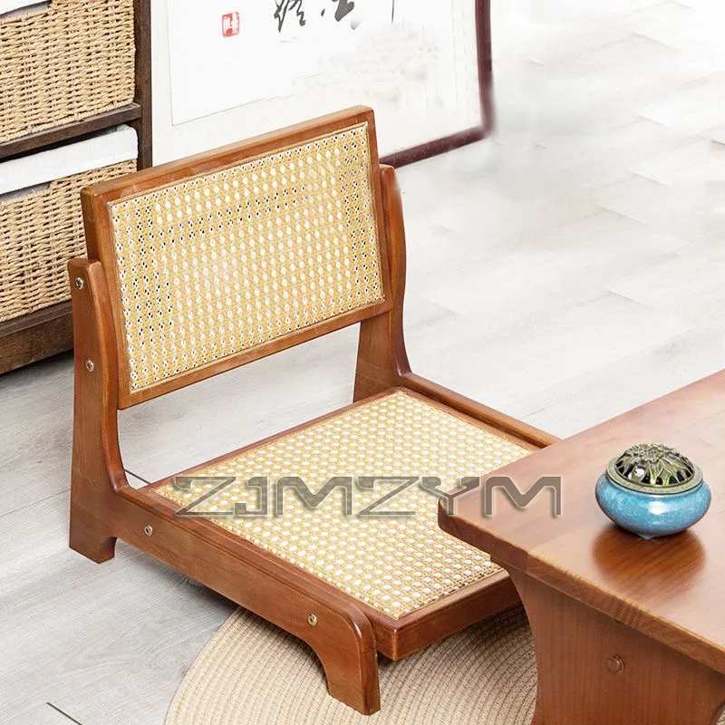 Japanese Retro Tatami Bay Window Low Stool,Solid Wood Rattan Woven Backrest Tea Table Comfortable Backrest Tea Room Chairs, Sofa