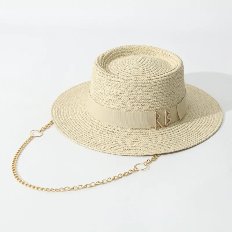 Letter Webbing Decor Chain Straw Fedora Hat, Concave Top Outdoor Beach Sun Hat
