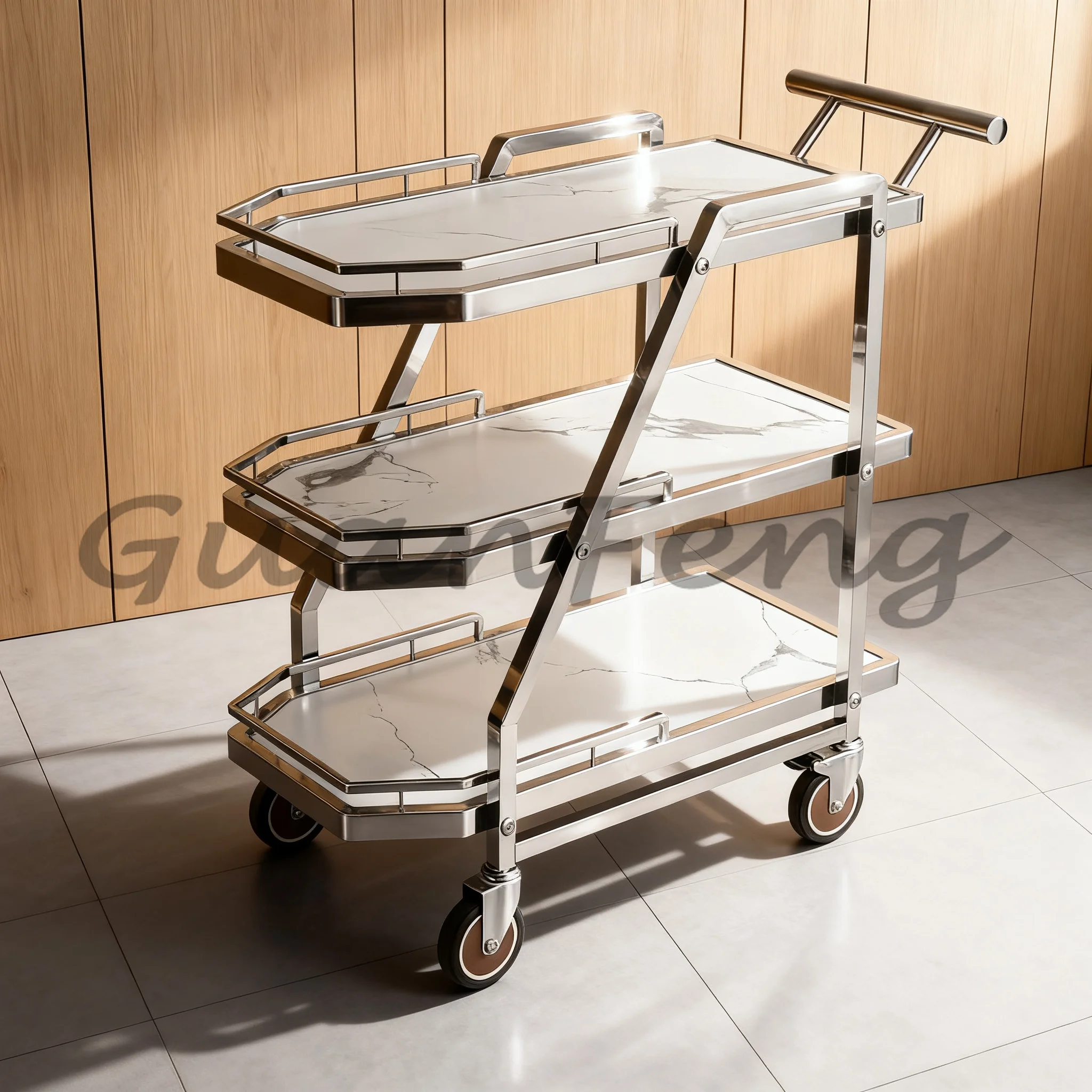 Hotel Heavy Duty Service Trolley, Ultra Thick Heat Resistant Stone Top, Large Capacity Bar Cart for Restaurant Kitchen