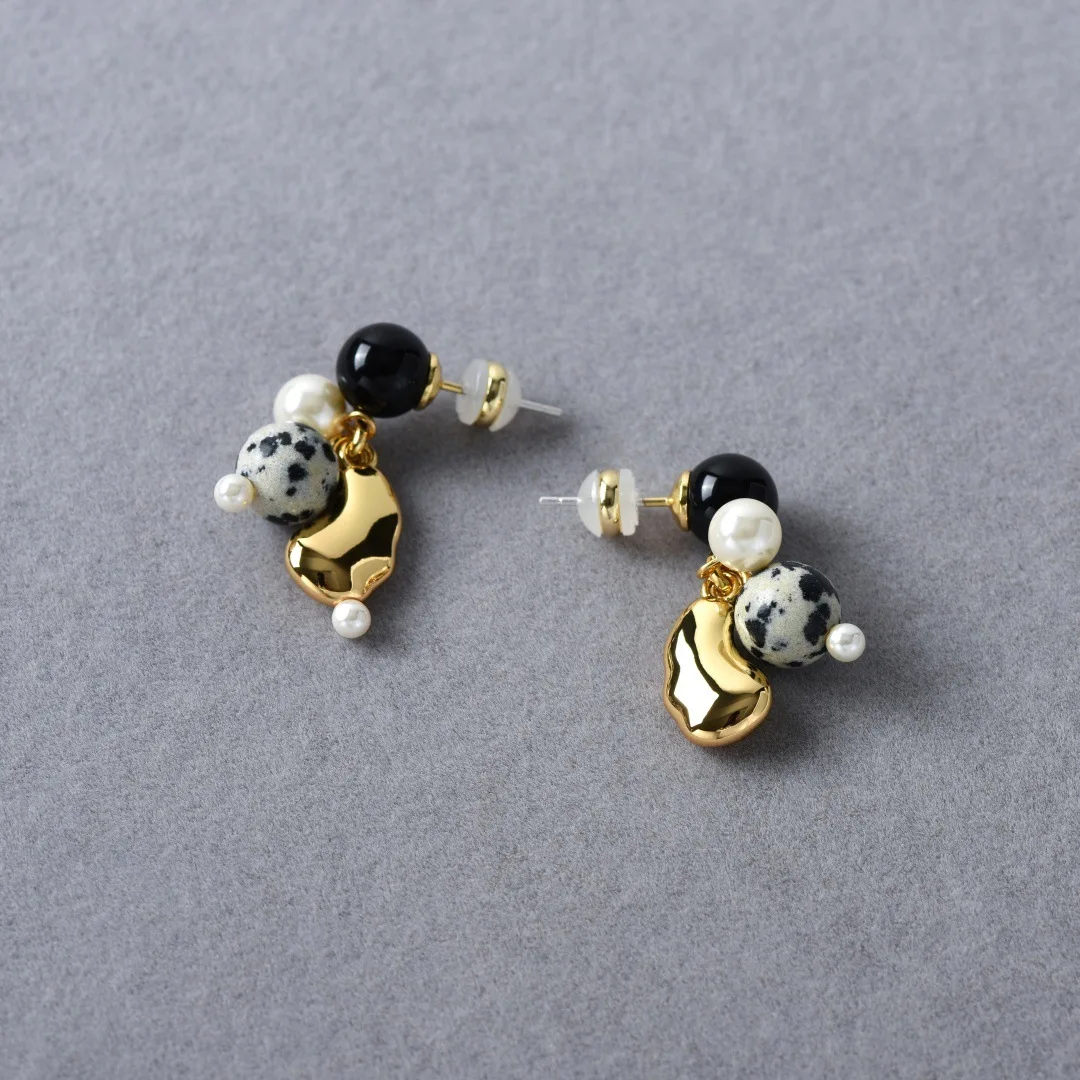 

Spainish Designer Gold Moon Natural Black Agate Dalmatian Stone Ear Stud Cultured Pearl Drop Dangle Threader Earring Ins Jewelry
