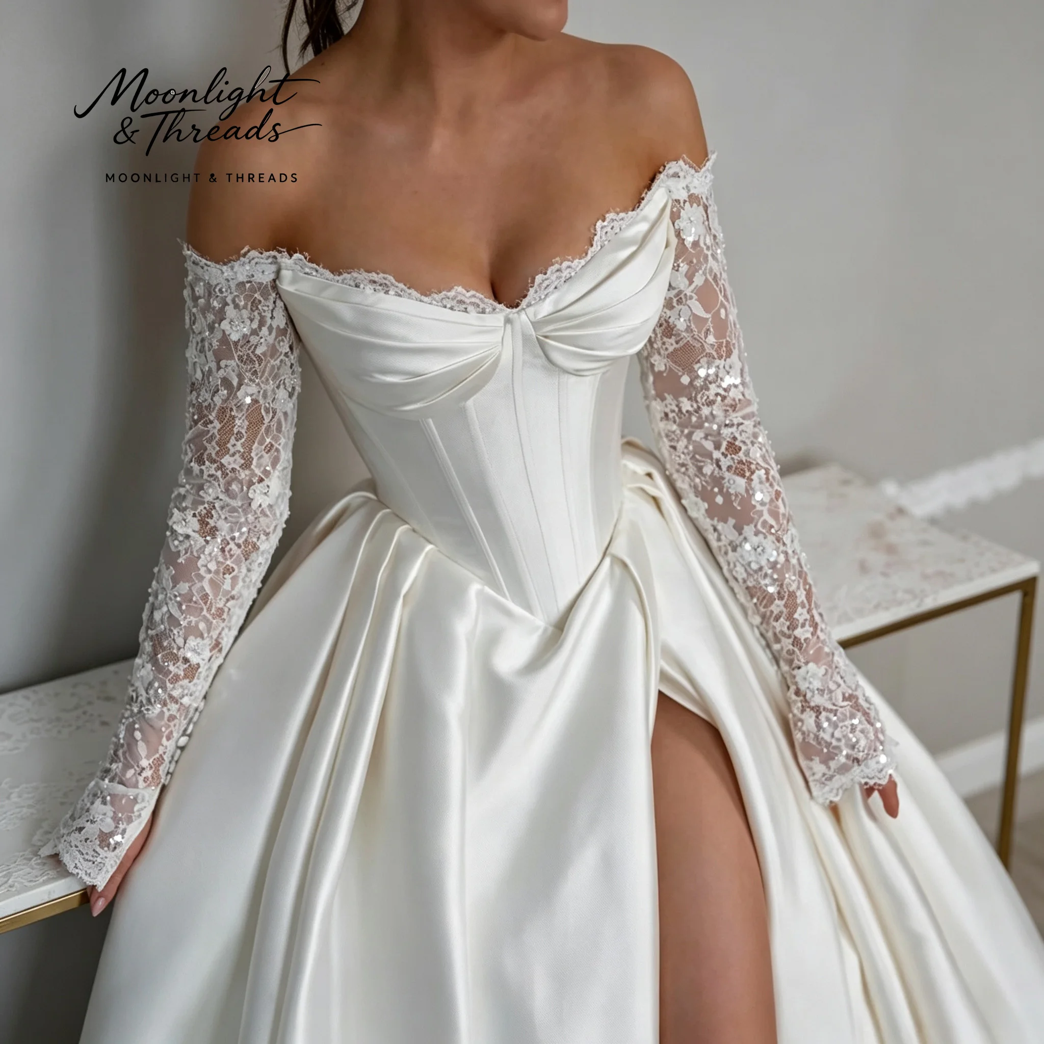 Off‑The‑Shoulder Satin Wedding Dress Detachable Lace Long Sleeve Ball Gown High Slit Chapel Train Bridal Gown 5