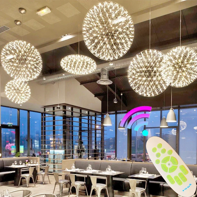 

NEW Remote Nordic Spark Ball LED Ceiling Chandelier Lighting RGB Firework Stainless Steel Loft Pendant Lamp Island Hanging Lamp