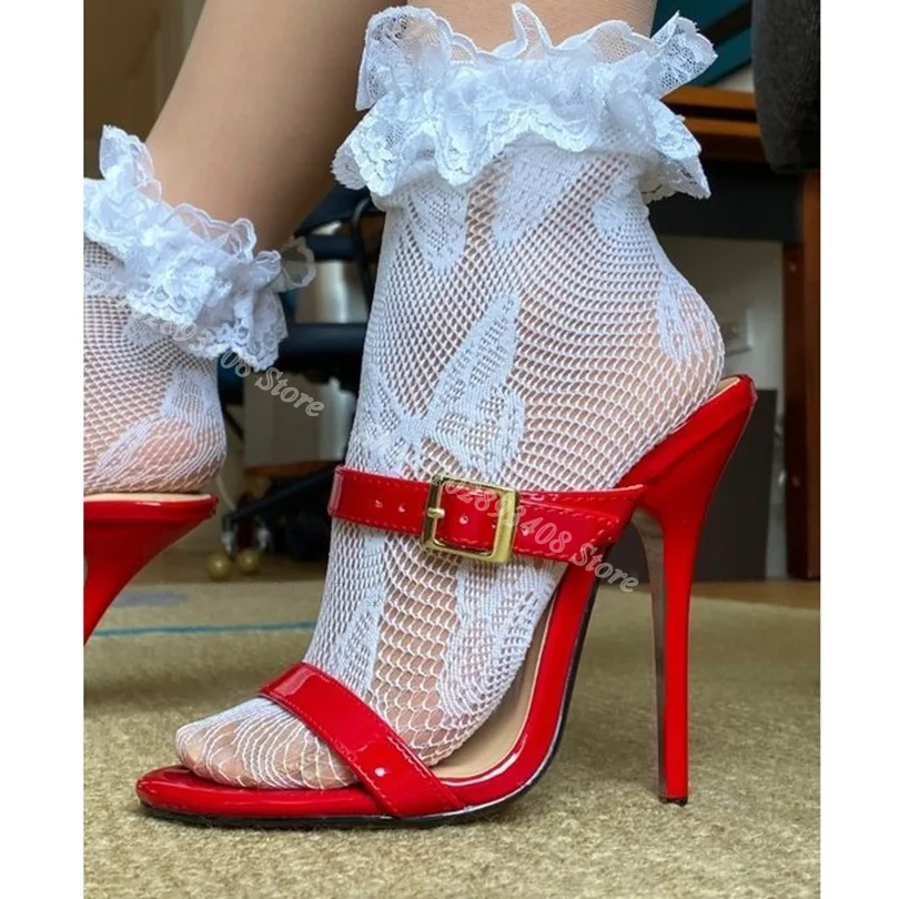 

Red Open Toe Stiletto Slippers Patent Leather High Heels Casual Shoes Brtish Style Elegant Women Slippers Zapatos Para Mujere