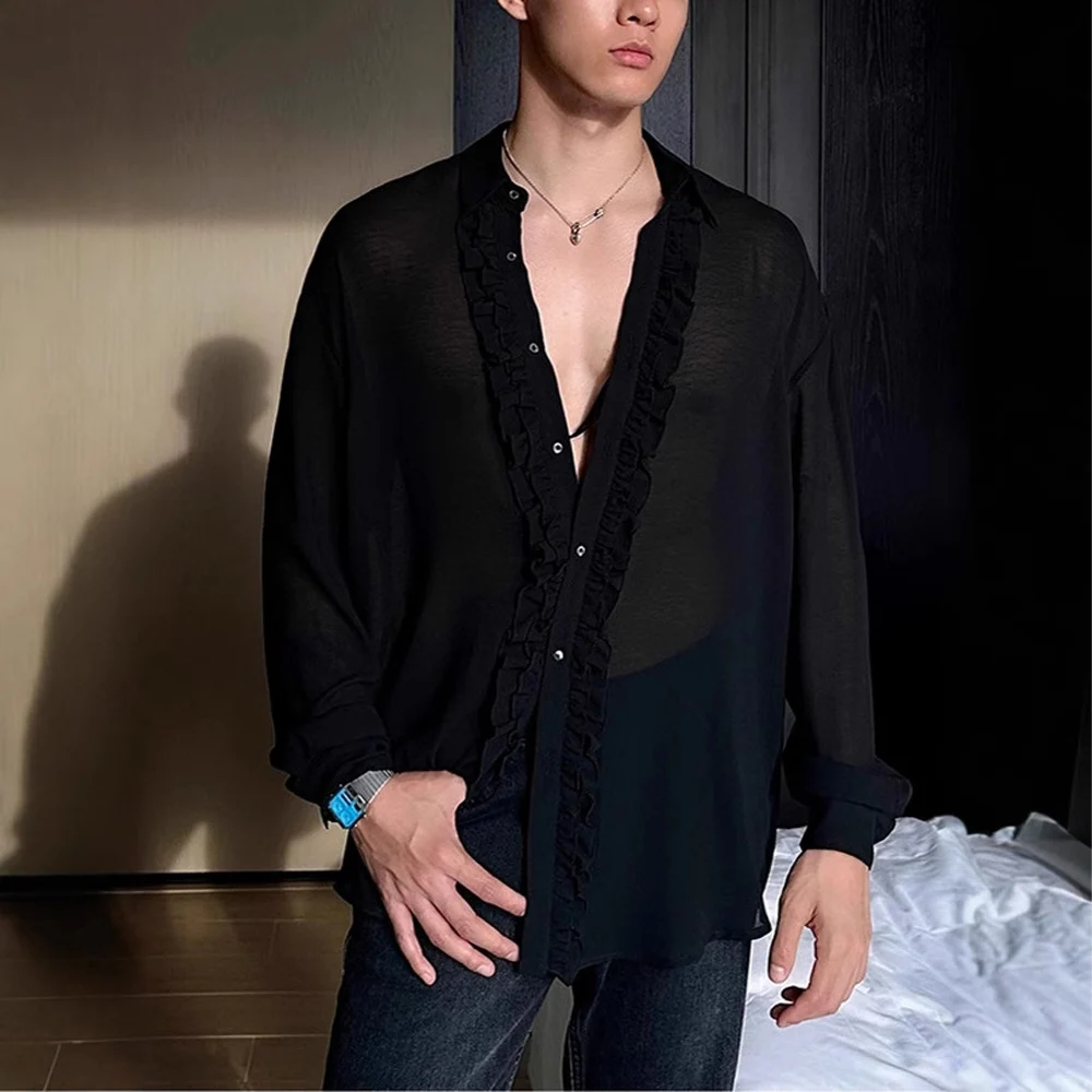 

Men's Sheer Shirt With A Light Mint Leaf Trim Loose-Fitting Stylish Streetwear Long-Sleeved Top 2026 New