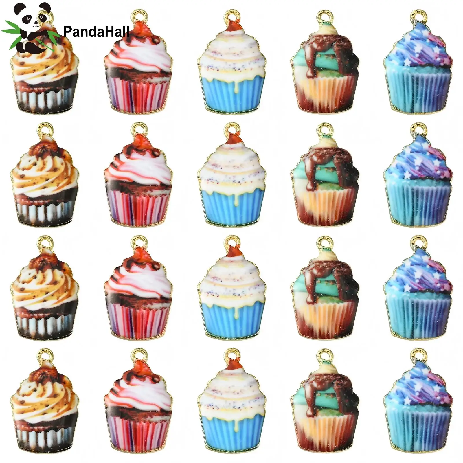 Pandahall 40Pcs 5 Colors Dessert Theme Enamel Cupcake Charms Sweet Food Cupcake Dangle Charms Bulk for Jewelry Making
