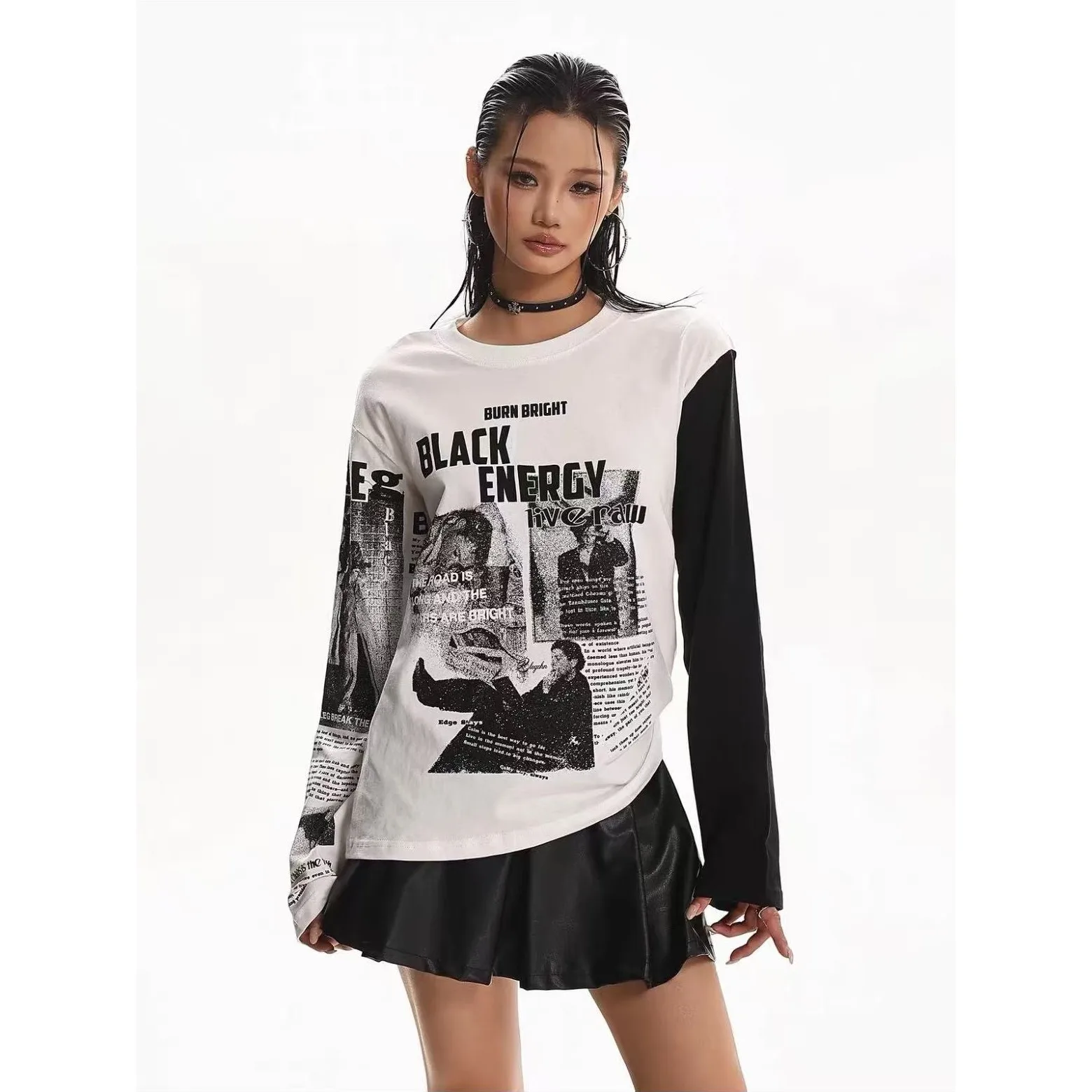Punk Alt Women Long Sleeve Graphic Tee Raglan Color Block Newspaper Print Loose Fit Y2K Aesthetic Casual Streetwear Ladies Tops
