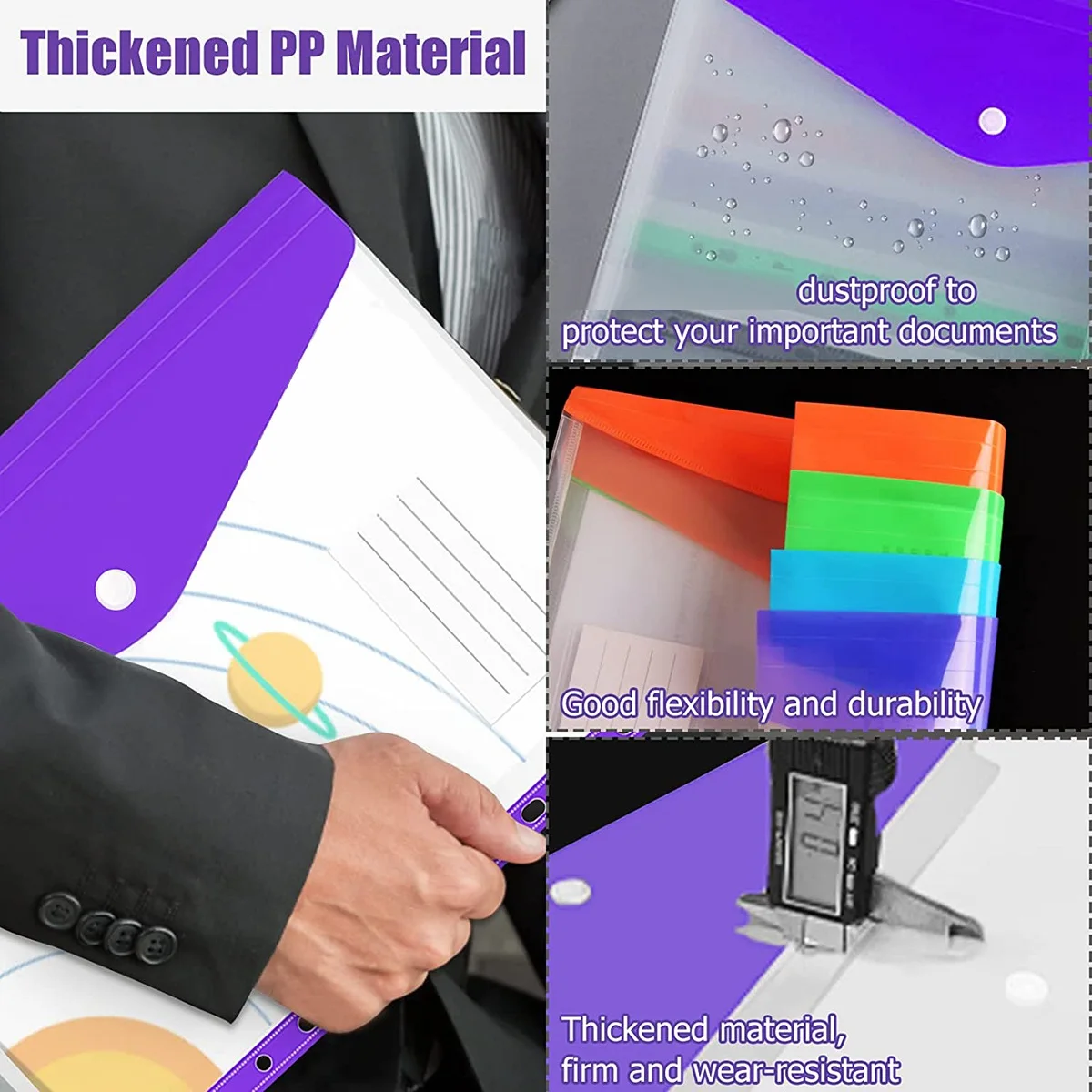 AED6-12 Pcs A4 Binder Pocket Expandable Envelopes Clear Plastic Envelopes For Ring Binder Folder, Snap Button