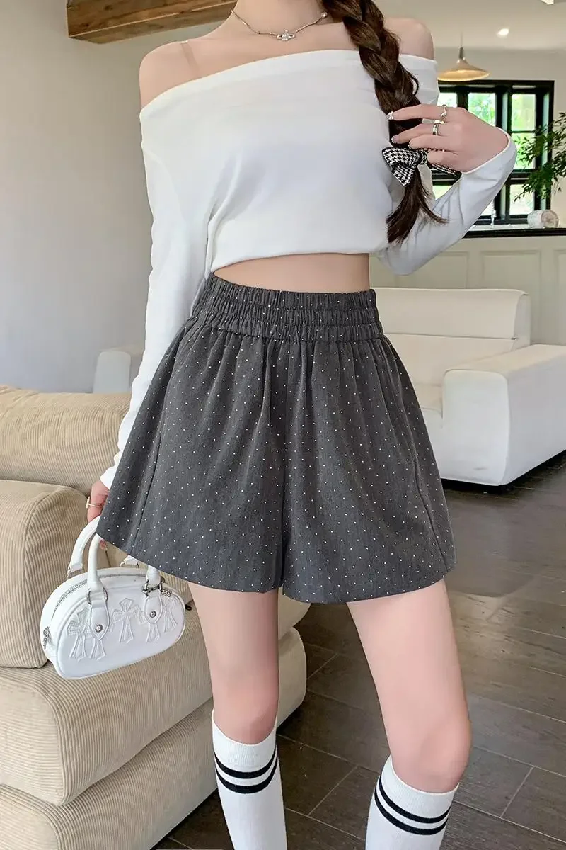 Spicy girl hot diamond shorts versatile women's autumn high waist elastic waist slimming casual loose wide leg pants