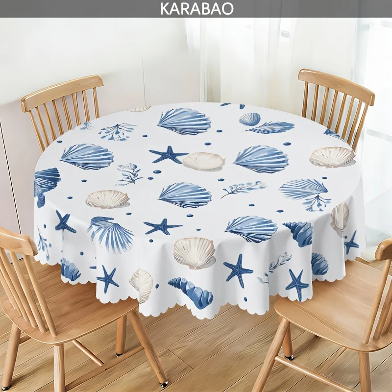 Ocean breeze shell starfish pattern round tablecloth, in blue and white colors, fresh and natural.