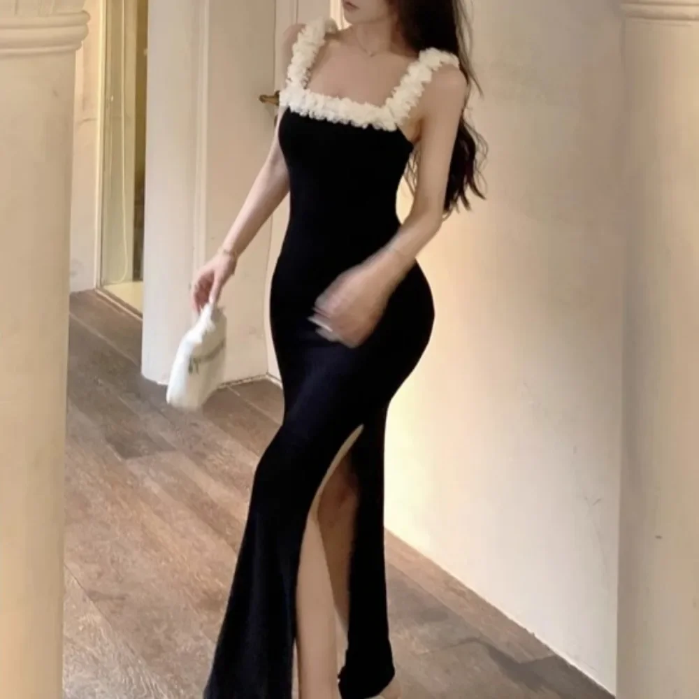 Side-slit Women Dresses Backless College Bodysuit French Chic Ins Elegant Aesthetic Creativity Spliced Square Collar Streetwear