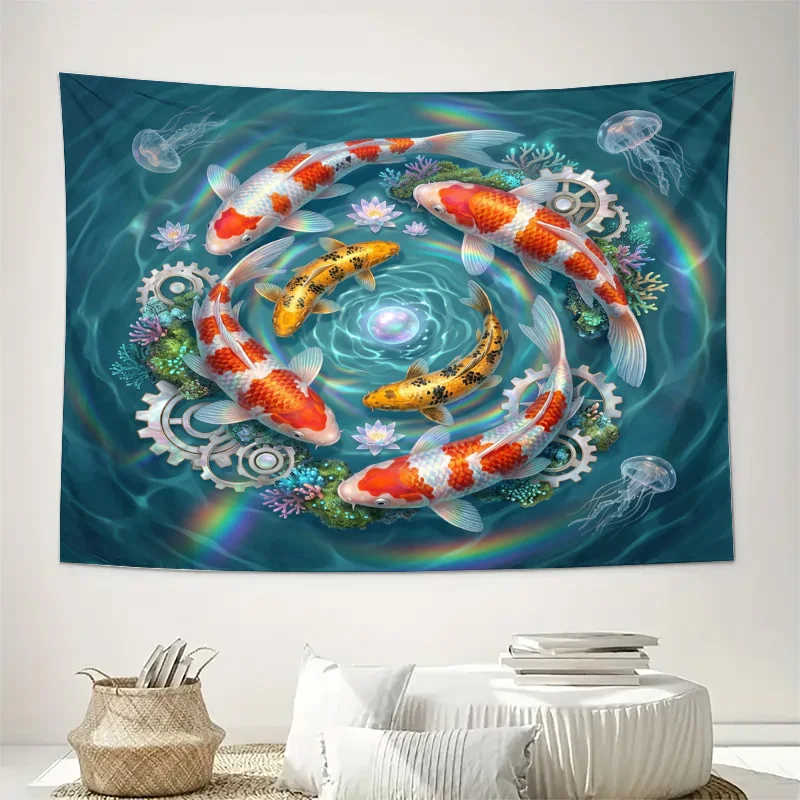 Decorative Koi Fish Tapestry Curtain Indoor Window Wall Art Ocean Aquatic Life Pond Scene Vibrant Tropical Background Home Decor