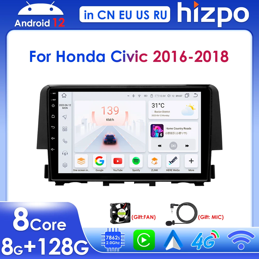 

Hizpo 9" Wireless Carplay for Honda Civic 10th 2016-2021 Android Car Radio Multimedia Player GPS Navi BT Stereo RDS 4G DSP QLED