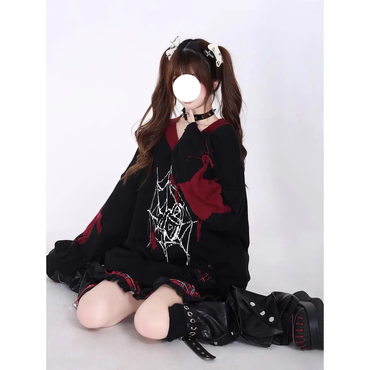 Oversized Sweater Women Spider Web Jacquard Streetwear Vintage Ripped Jumpers Y2k Aesthetic Harajuku V-neck Loose Pullovers