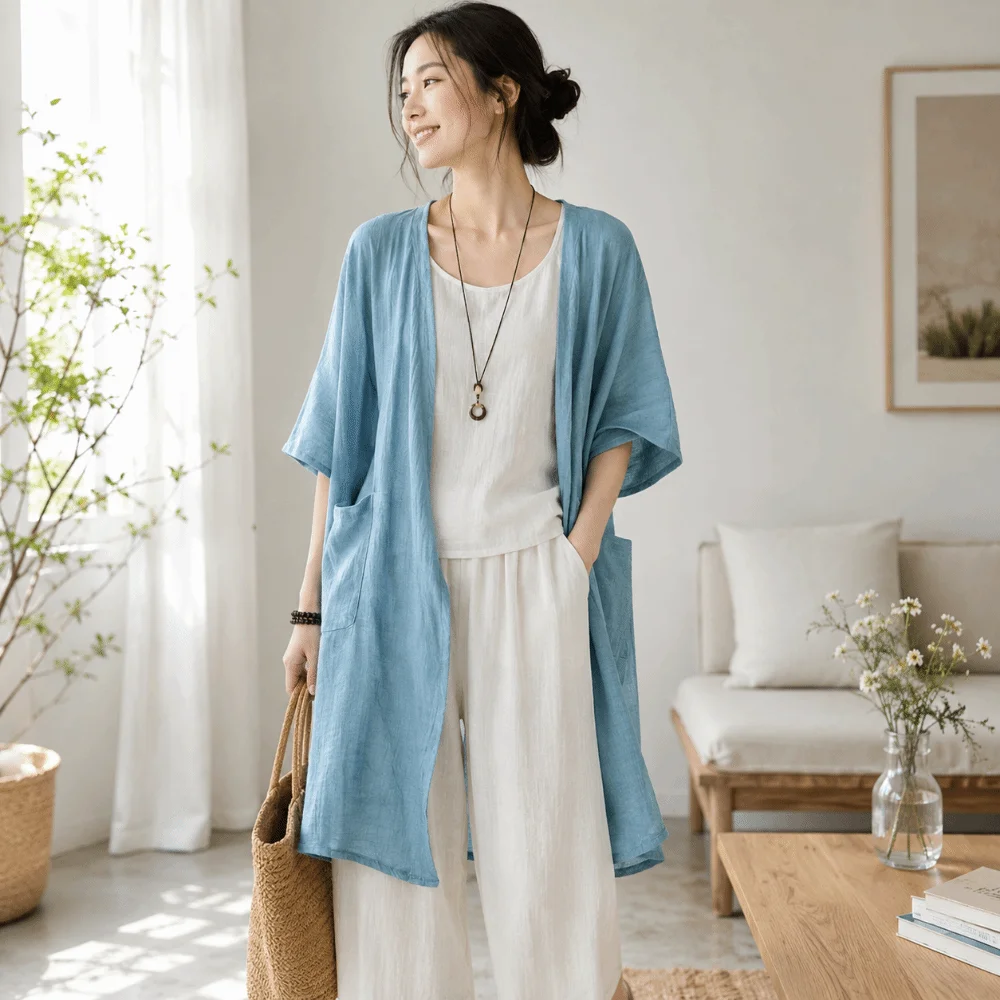 Solid Color Short Sleeved Linen Cardigan Sunscreen Cover Loose Summer Shirt Front Opening Simple Long Shawl Outerwear