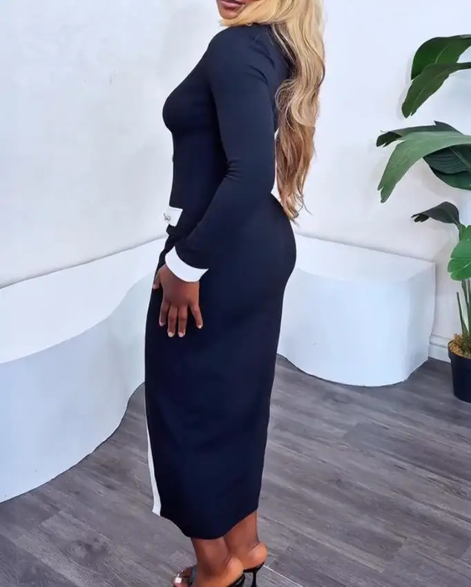 زخرفة أزرار اللؤلؤ، طية صدر السترة بقصة ضيقة، ربط الألوان المتناقضة، فستان محبوك ضيق، فستان اجتماعي أنيق للنساء في الخريف #4