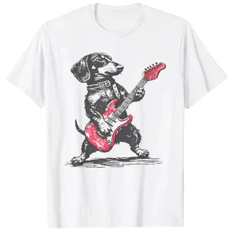 Vintage Dachshund Weenie Playing Guitar T-Shirt Dog Men Music Lover Y2k Graphic Outfit Funny Rock Hip Hop Streetwear Saying Tee