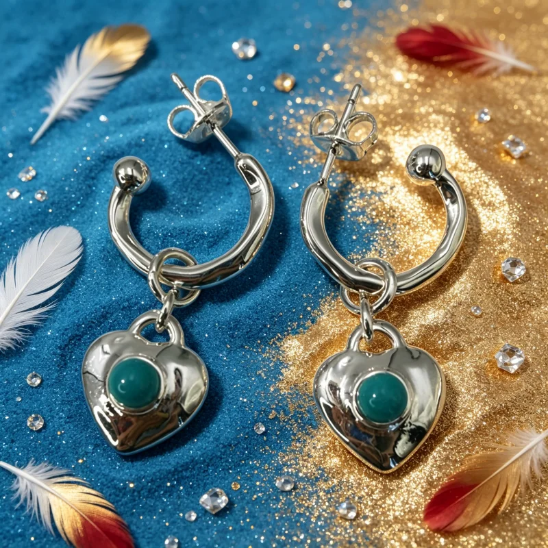 Silver Open Hoop Earrings with Removable Heart Lock & Turquoise Charm