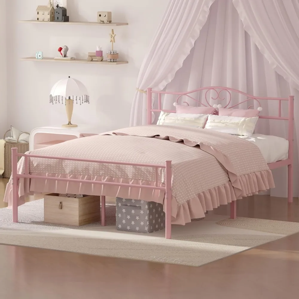 Cadre de lit plateforme en métal pleine grandeur de 14 pouces avec tête de lit et pied de lit, base de matelas robuste, rose