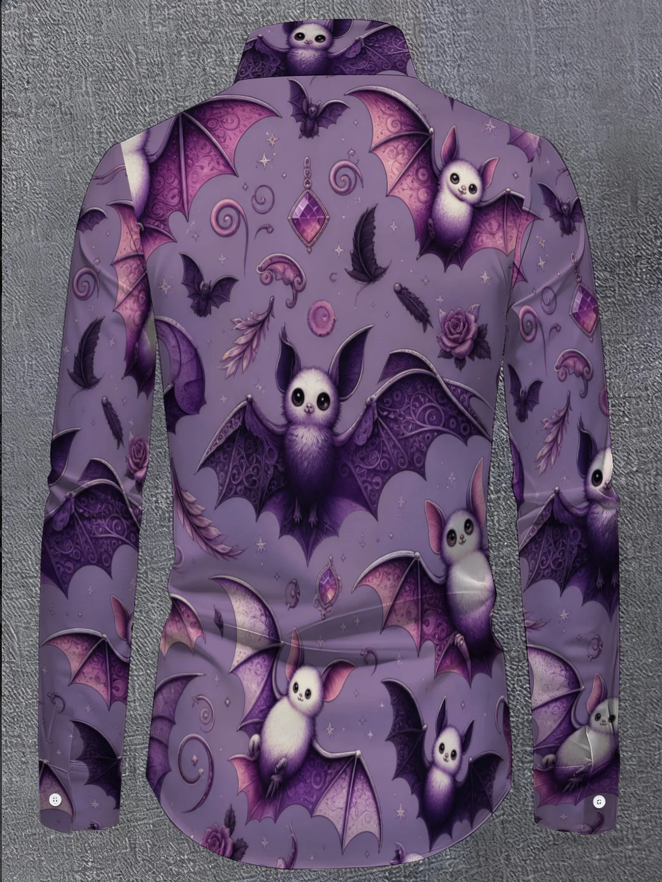 Men Long-Sleeve Button-Down Shirt Purple Cute Cartoon Bat Full Print Polyester Lapel Collar Halloween Top