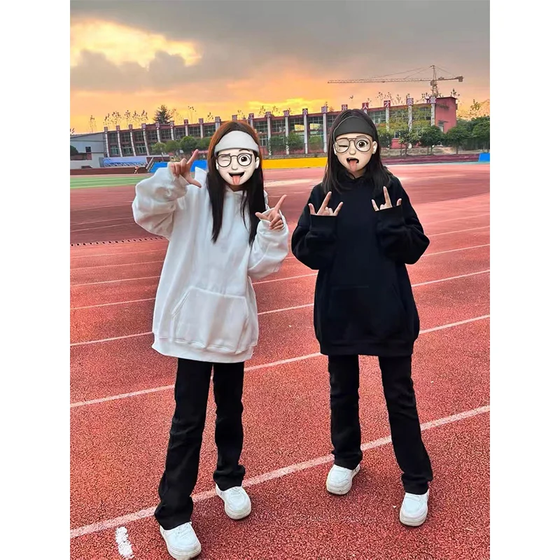 Branco fce forrado oversize hoodie feminino rua sle outono inverno thiened solto casal outerwear casual confortável