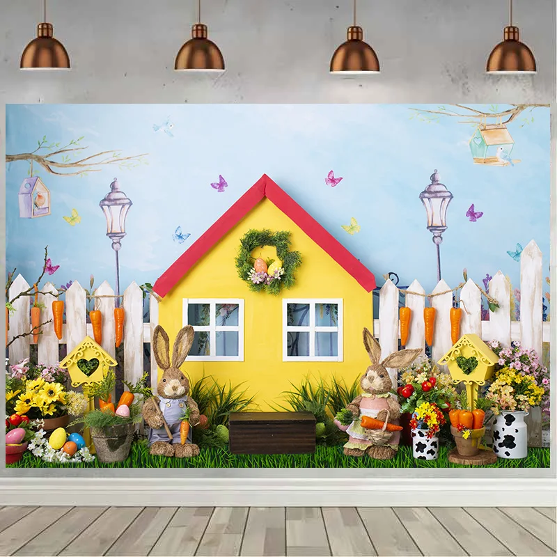 Ostern Party Dekoration Hintergrund Frühling Blumen Grünes Gras Holztür Kaninchen Hase Eier Baby Portrait Fotografie Hintergrund