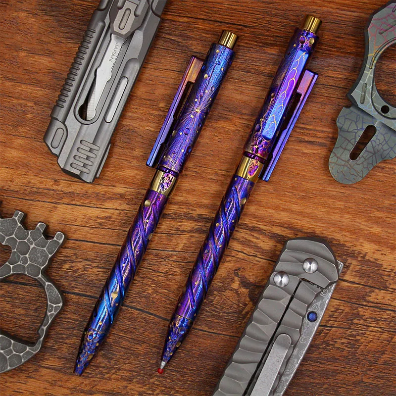 

1 Piece titanium alloy hand engraved starry night signature pen tactical pen for gift