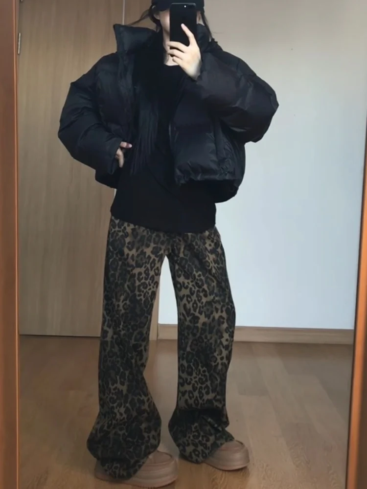 Damskie jeansy w stylu retro z amerykańskim wzorem w panterkę, na wiosnę i jesień, z szerokimi nogawkami, luźne, w małych rozmiarach, lekko rozszerzane, proste spodnie.