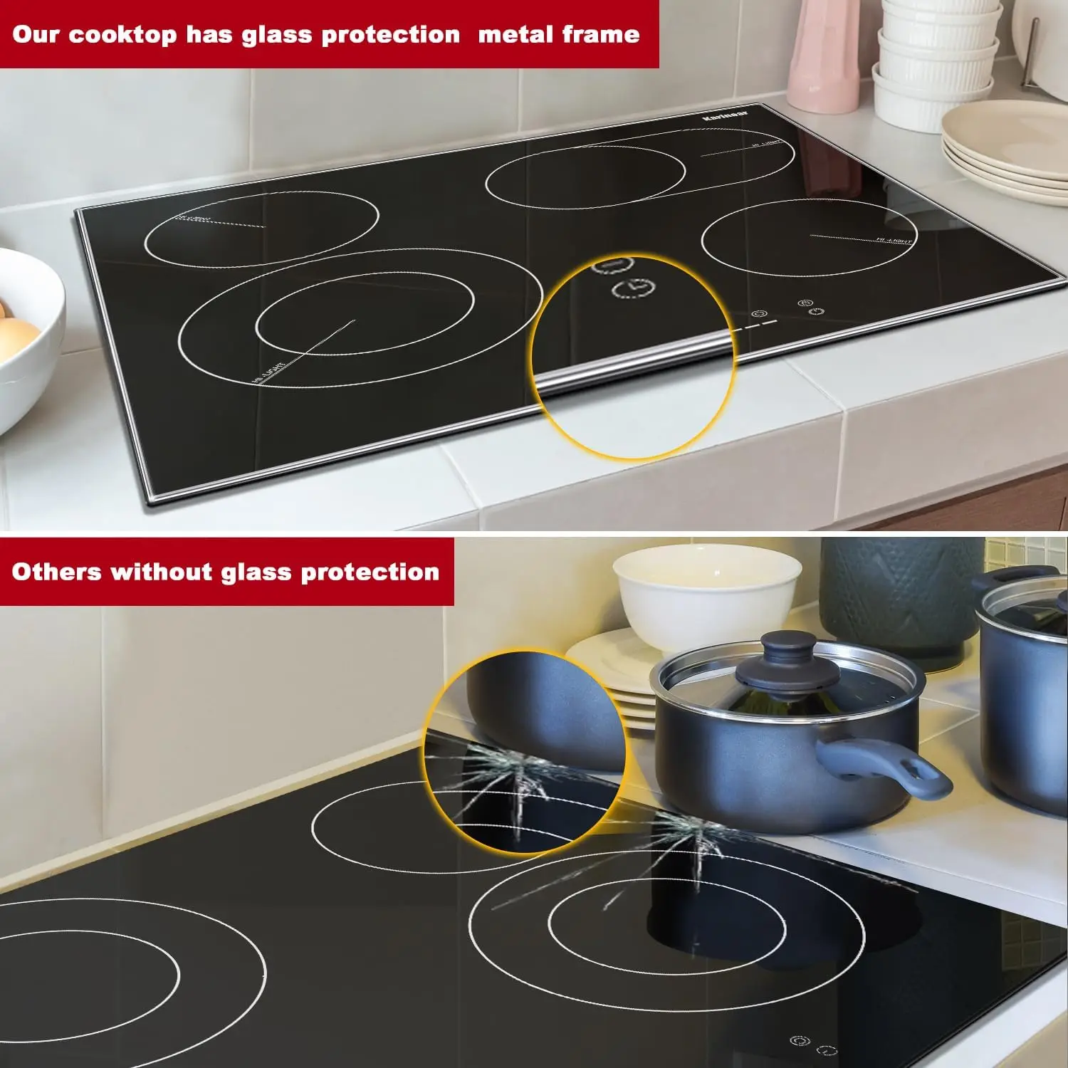 Karinear 4 Burners Electric Ceramic Cooktop 24 Inch, 220-240v Built-in, Metal Frame, Expandable Burners, Slider-Touch, no Plug