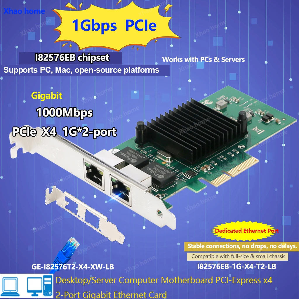 

2-Port PCIe Gigabit Network Card 10/100/1000Mbps, PCI-E X4, RJ45, for Desktop/Server for Windows/Linux I82576EB Chip LAN Adapter