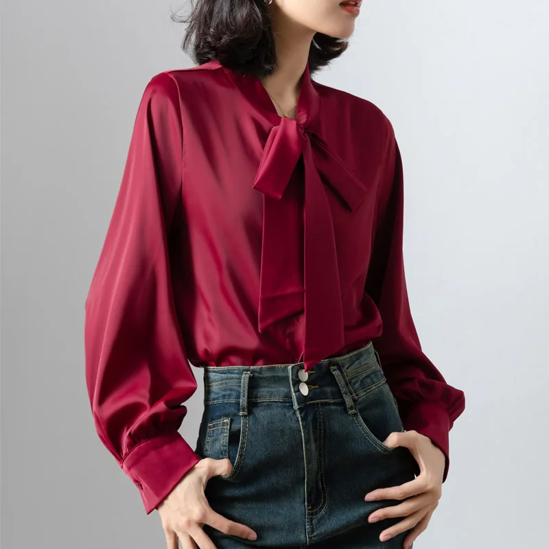

Elegant Women's Satin Shirts Long Sleeve Office Lady Work Wear Business Bow Lace Up Blouse Vintage Casual Tops
