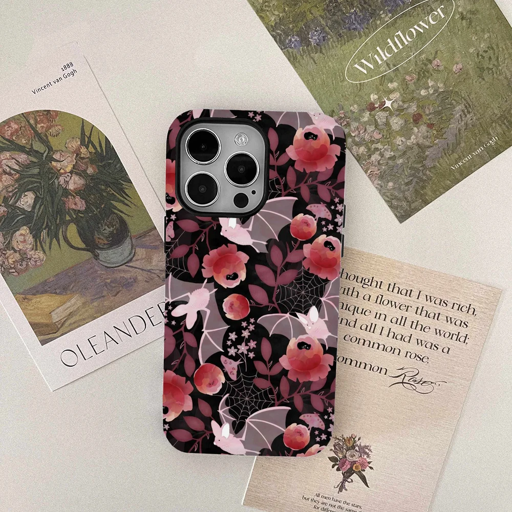 Pastel Bat Floral Black Background Phone Cases Film Shell For IPhone 16 15 14 13 12 11 Pro Max Plus