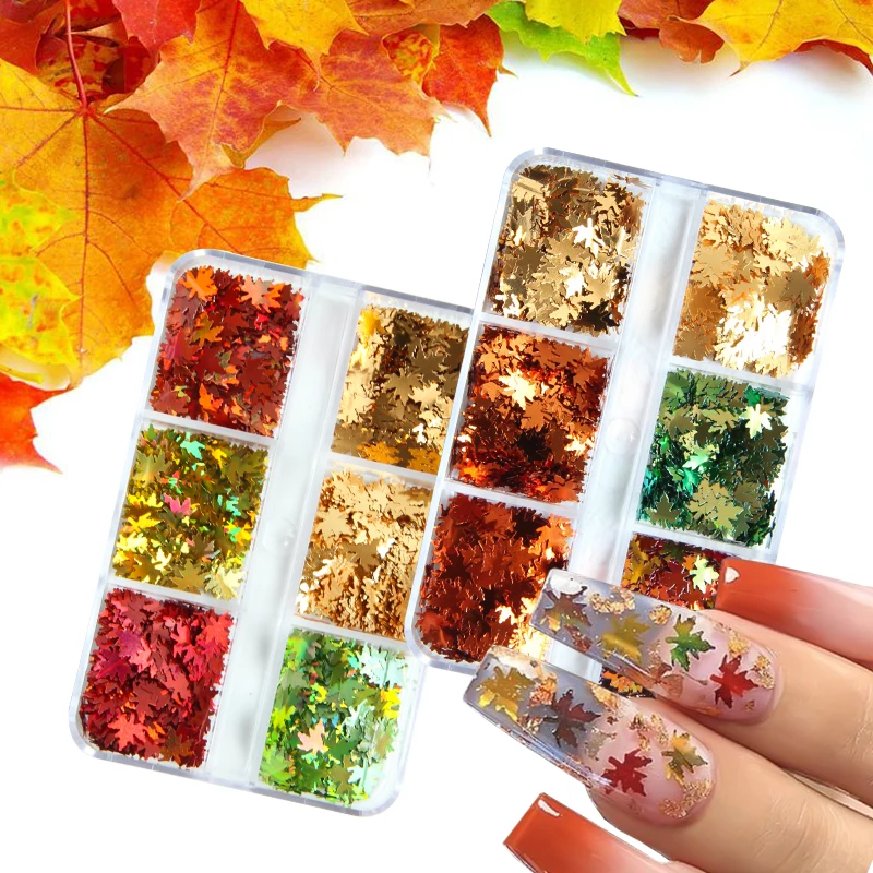 6 Grids Holographic Nail Art Glitter Sequins Maple Leaves Laser Star Heart Paillette Flake DIY Manicure 3D Nail Decoration Tools