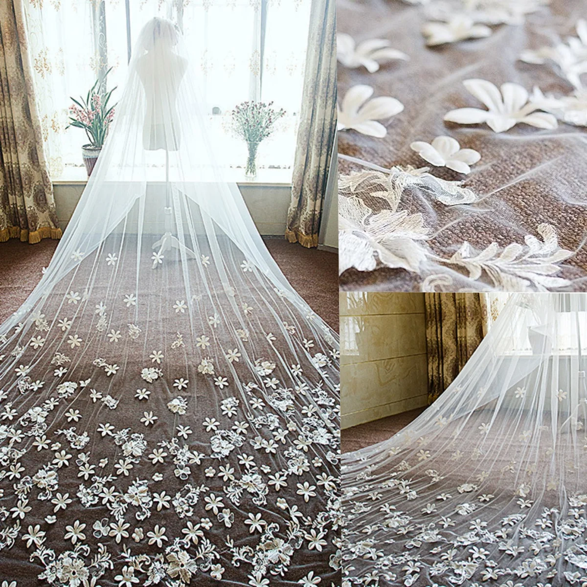 

Роскошная свадебная фата с 3D цветами и цветочной аппликацией с расческой, фата, длинная соборная длина, свадебные аксессуары