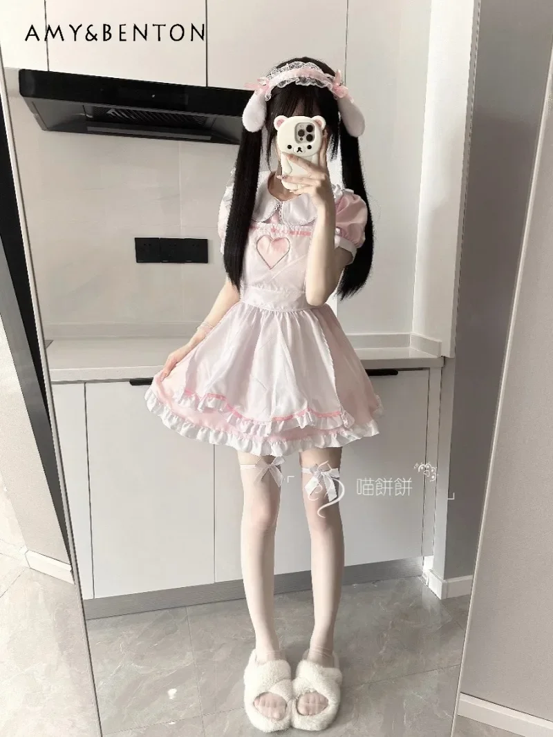 

2024 New Japanese Summer Rabbit Ear Maid Outfit Cute Sweet Two-dimensional Daily Lolita Lace Edge Fashion Dress For Women