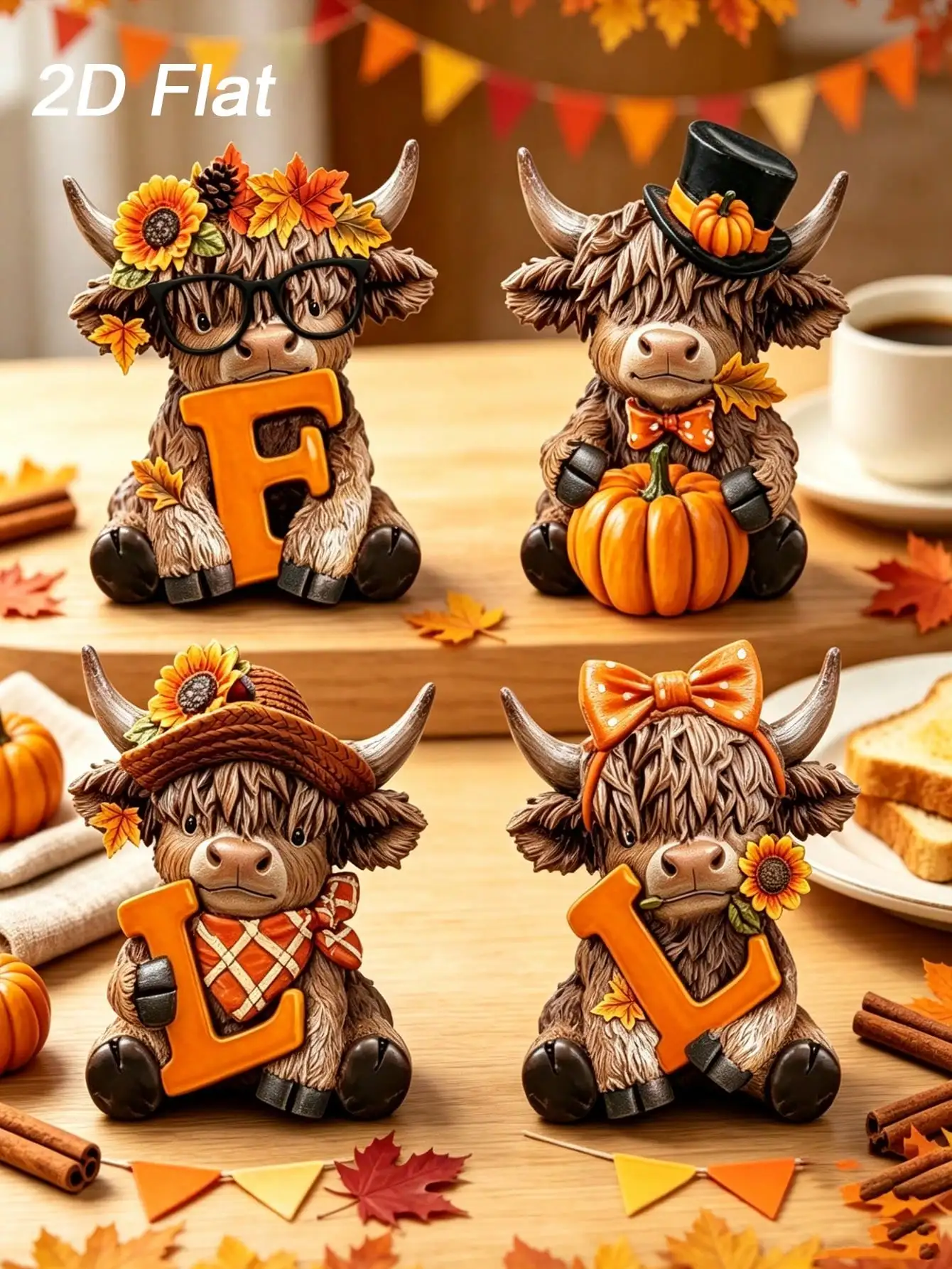 4-Piece Set of Wooden Highland Cow Ornaments in a Rustic Style, Featuring Scottish Calf Designs, Suitable for Decorating Tabletops, Shelves, Fireplace Mantels, Windowsills, and Bathrooms, and Is an Ideal Gift for Highland Cow Enthusiasts.