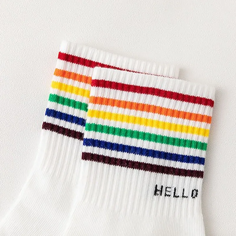 Women New Cotton Socks Cartoon Bear Rainbow Letter Love Smiling Face Stripe Fashion Versatile Sports Ladies Crew Socks E101